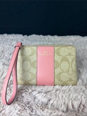 Coach Signature Canvas Zip Wristlet Khaki Blush Pink Leather Stripe | 2021 EUC